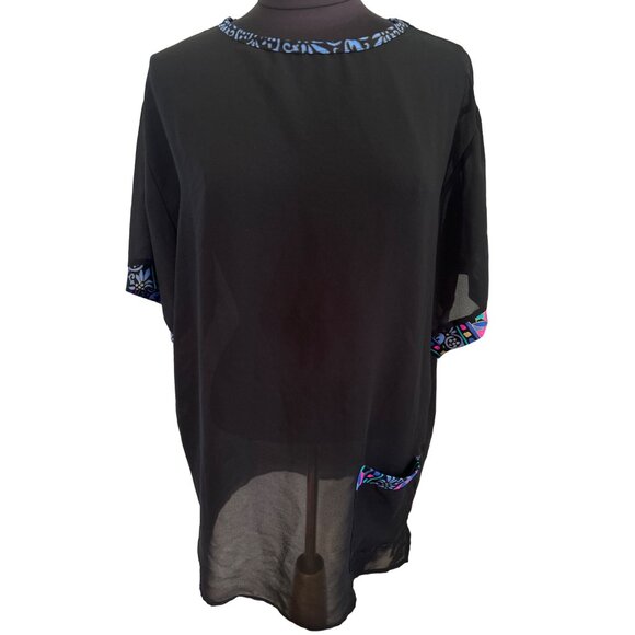 Jantzen Black, Sheer Beach Coverup With Multicolored bordered Neckline Sleeves - Picture 2 of 8